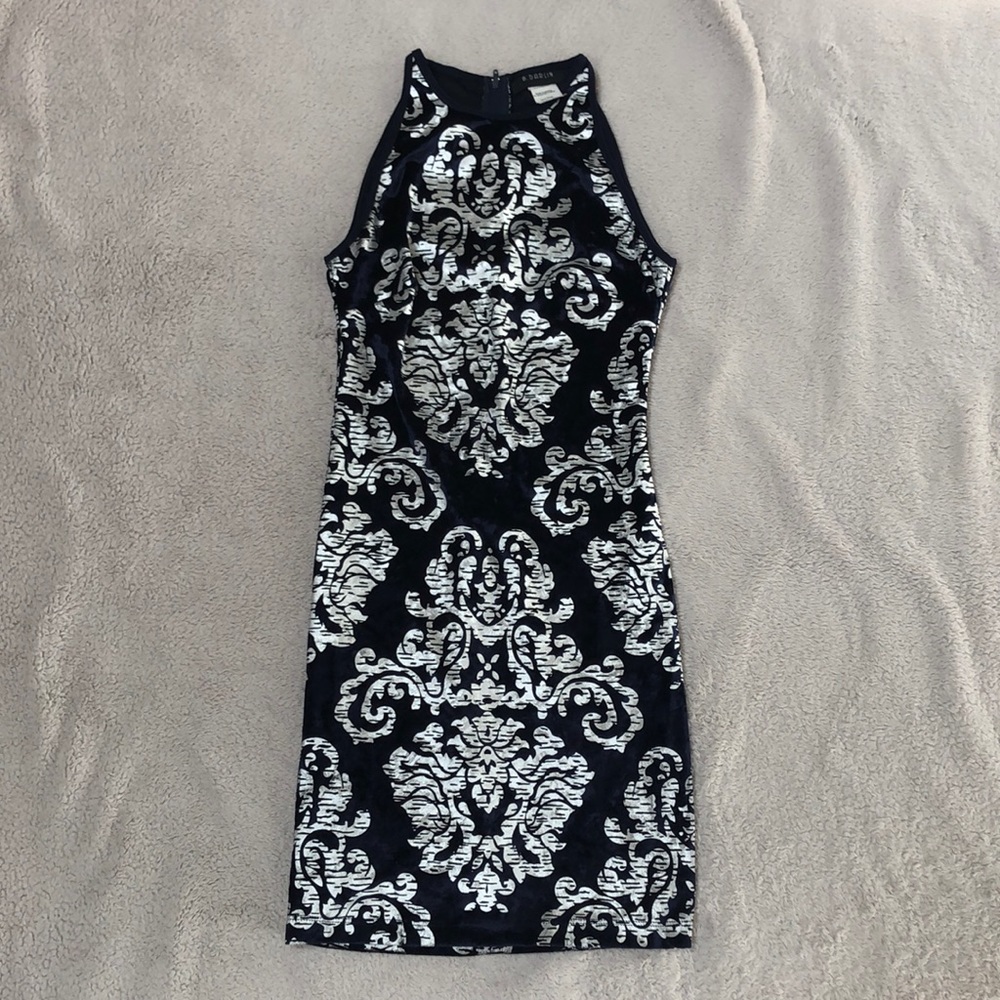 B. Darlin dress size 1/2 juniors/girls size 12. Navy velvet with silver design.